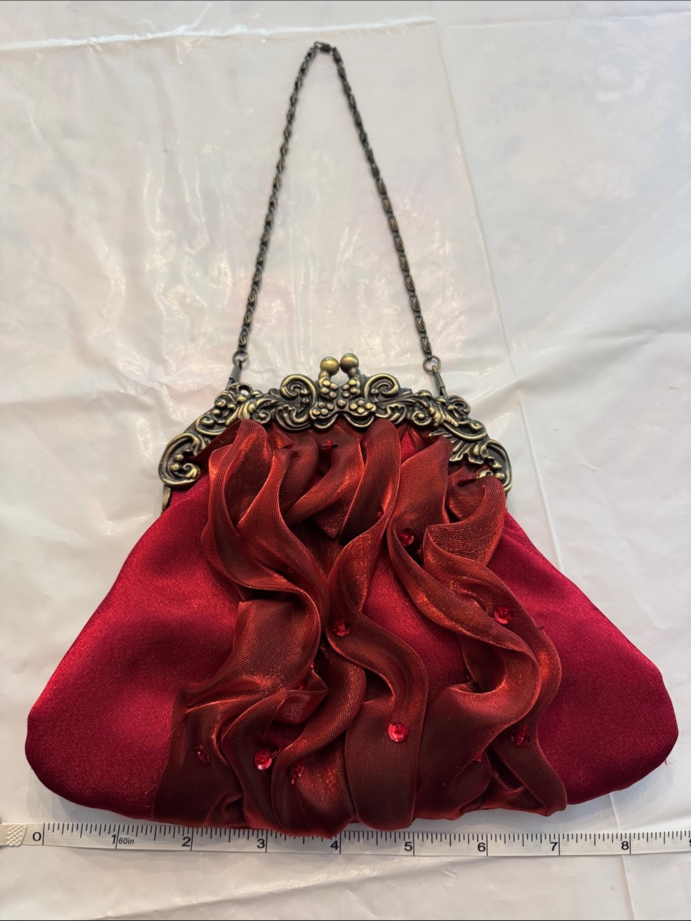 Red Satin Ruffle Evening Clutch with Ornate Frame